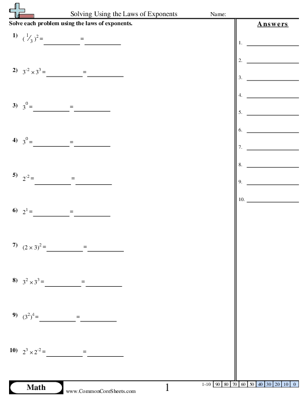 Solving Using the Laws of Exponents worksheet